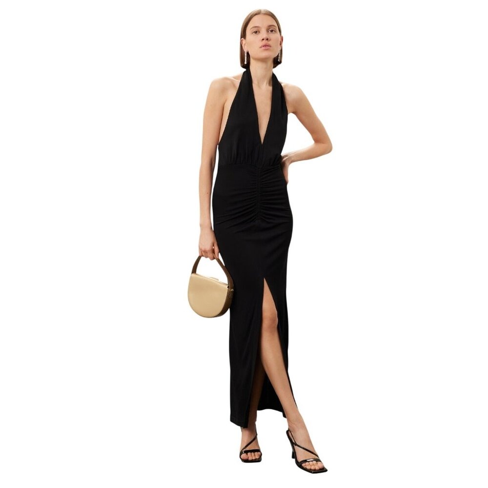 IRO Paris Rubini Black Backless V-Neck Maxi Dress With Ruched Midsection